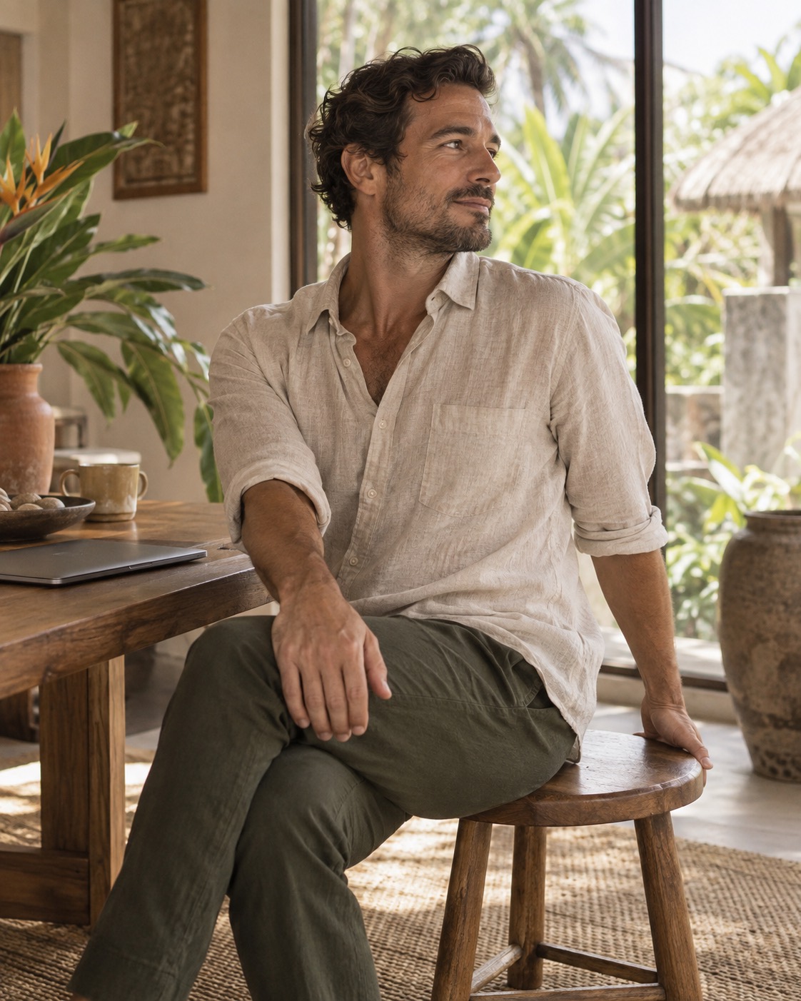 A man sitting upright and relaxed on a wooden stool by a window, laptop closed beside him